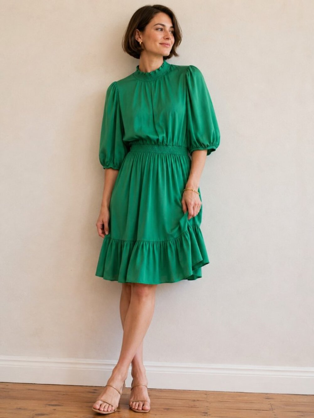Nanette Lepore Emerald Green Smocked Mock Neck Tiered Dress Size 4